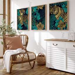 Tiger Wall Art Set Of 3 - Teal & Gold Jungle Prints Tropical Animal Artwork Luxury Nature Decor For Living Room Or Bedroom - thumbnail 2