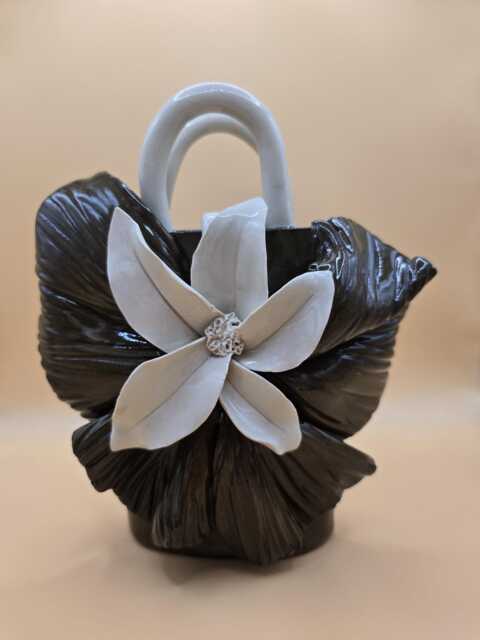 Dark Brown Ceramic Purse Vase With White Flower - Handbuilt, Sculptural Handles & Belt Design - image 1