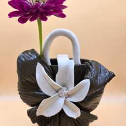 Dark Brown Ceramic Purse Vase With White Flower - Handbuilt, Sculptural Handles & Belt Design - thumbnail 2
