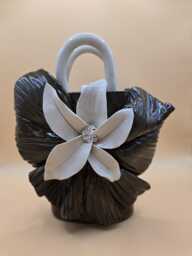 Dark Brown Ceramic Purse Vase With White Flower - Handbuilt, Sculptural Handles & Belt Design - thumbnail 1