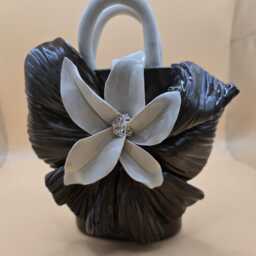 Dark Brown Ceramic Purse Vase With White Flower - Handbuilt, Sculptural Handles & Belt Design - thumbnail 4