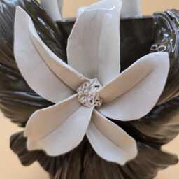 Dark Brown Ceramic Purse Vase With White Flower - Handbuilt, Sculptural Handles & Belt Design - thumbnail 3