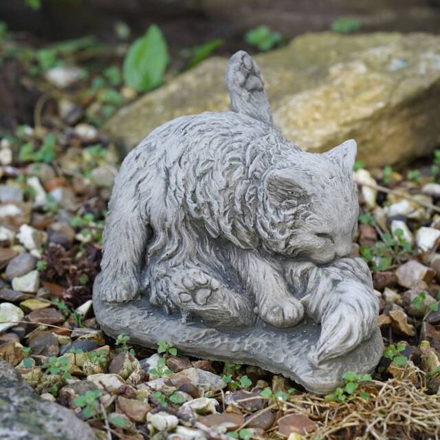 Washing Cat Stone Statue - Kitten Animal Outdoor Garden Ornament Decoration British Pet Gift - image 1