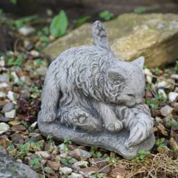 Washing Cat Stone Statue - Kitten Animal Outdoor Garden Ornament Decoration British Pet Gift - thumbnail 1