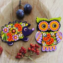 Wooden Christmas Animal Ornaments Hand Made, Set - Owl Ornament, Hanging Hedgehog Ornament Painted Wooden Christmas Decorations - thumbnail 1