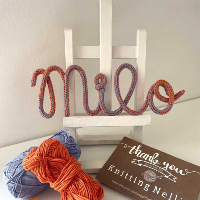 Knitted Cord Name Sign - Two Tone Rainbow Wire Word Wall Hanging Nursery Newborn Decor - image 1