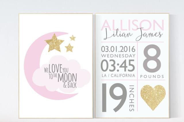 Pink Gold Nursery Print Birth Stats, Moon & Stars Wall Art - image 1