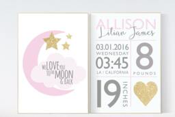 Pink Gold Nursery Print Birth Stats, Moon & Stars Wall Art - thumbnail 1