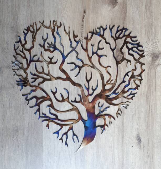 Heat Colored Metal Heart Tree Of Life Wall Art - 60cm - image 1