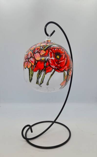 August Birth Flower Hand Painted Glass Hanging Tealight Holder With Stand, Poppies & Gladiolus, Gift, Art, Mother's Day - image 1