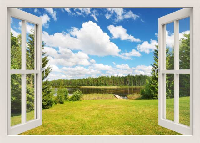 Green Forest Landscape Wall Decal, Clouds 3D Window Frame, View Home Mural