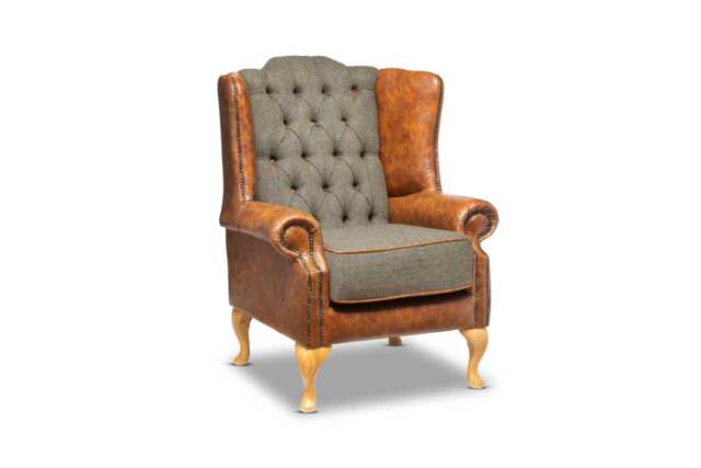 Chesterfield Highback Chair Vintage Tan Leather & Forest Green Harris Tweed - image 1