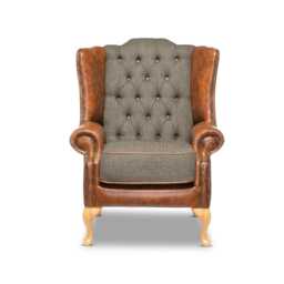 Chesterfield Highback Chair Vintage Tan Leather & Forest Green Harris Tweed - thumbnail 2
