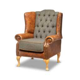 Chesterfield Highback Chair Vintage Tan Leather & Forest Green Harris Tweed - thumbnail 3