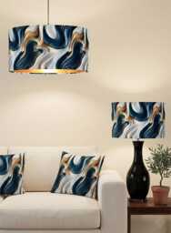Teal Grey Gold Wave Velvet Drum Lamp Shade Handmade To Order - thumbnail 1