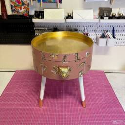 Neutral Tan Tiger Round Bedside Table . Coffee Coloured & White Nightstand Or Side Table. Imitation Gold Leaf Top - thumbnail 3