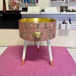 Neutral Tan Tiger Round Bedside Table . Coffee Coloured & White Nightstand Or Side Table. Imitation Gold Leaf Top
