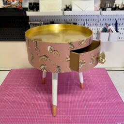 Neutral Tan Tiger Round Bedside Table . Coffee Coloured & White Nightstand Or Side Table. Imitation Gold Leaf Top - thumbnail 2