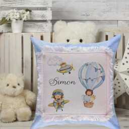 Safari Aviation Personalised Linen Cushion Hot Air Balloon Print Pillow Blue Style 40x40cm - thumbnail 3