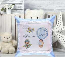 Safari Aviation Personalised Linen Cushion Hot Air Balloon Print Pillow Blue Style 40x40cm - thumbnail 1