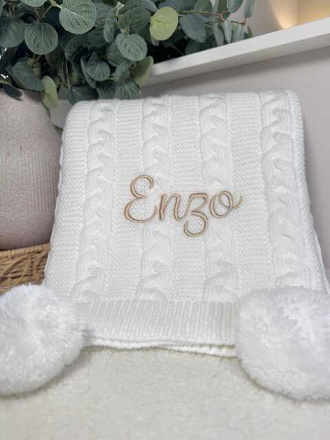 Personalised White Luxury Baby Blanket - Double Pom With Embroidery Custom Name Shower Gift Newborn Keepsake - image 1