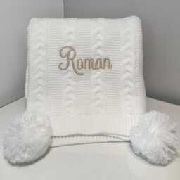 Personalised White Luxury Baby Blanket - Double Pom With Embroidery Custom Name Shower Gift Newborn Keepsake - thumbnail 2