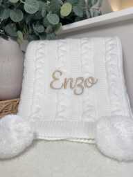 Personalised White Luxury Baby Blanket - Double Pom With Embroidery Custom Name Shower Gift Newborn Keepsake - thumbnail 1