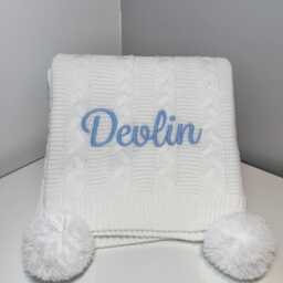 Personalised White Luxury Baby Blanket - Double Pom With Embroidery Custom Name Shower Gift Newborn Keepsake - thumbnail 3