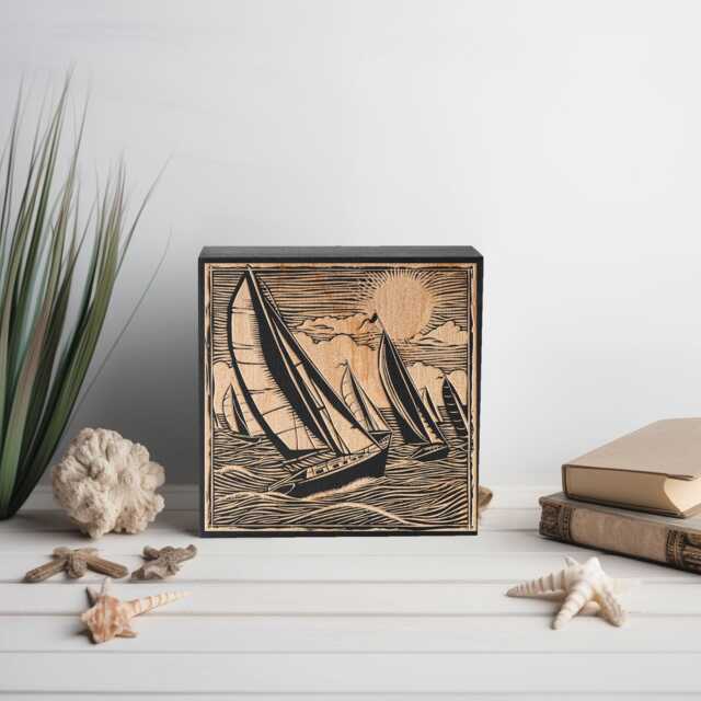 Sailboat Race Engraved Birch Wood Panel - Block Print Style Sailing Ocean Wall Art, Beachy Illustration Print, Coastal Home Decor Gift - image 1