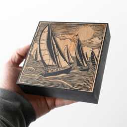 Sailboat Race Engraved Birch Wood Panel - Block Print Style Sailing Ocean Wall Art, Beachy Illustration Print, Coastal Home Decor Gift - thumbnail 3