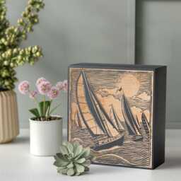 Sailboat Race Engraved Birch Wood Panel - Block Print Style Sailing Ocean Wall Art, Beachy Illustration Print, Coastal Home Decor Gift - thumbnail 2