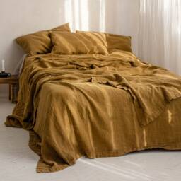 Golden Ochre Linen Bedcover, Heavyweight Bedspread in Golden Ocher & Other Colors - thumbnail 2