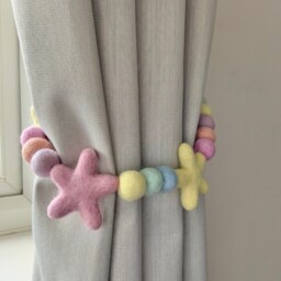 Pastel Rainbow Felt Ball Star Curtain Tie Backs Merino Wool - thumbnail 2
