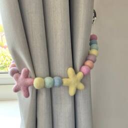 Pastel Rainbow Felt Ball Star Curtain Tie Backs Merino Wool - thumbnail 3
