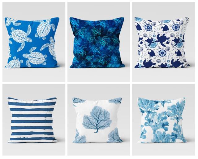 Caretta Cushion Cover/Beach Home Decorative Pillow/Decorative Summer Marine Pillow /Coral Painting Throwing/Beach House Trend/Blue Sea Theme - image 1