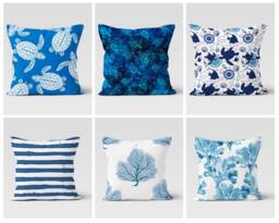 Caretta Cushion Cover/Beach Home Decorative Pillow/Decorative Summer Marine Pillow /Coral Painting Throwing/Beach House Trend/Blue Sea Theme - thumbnail 1