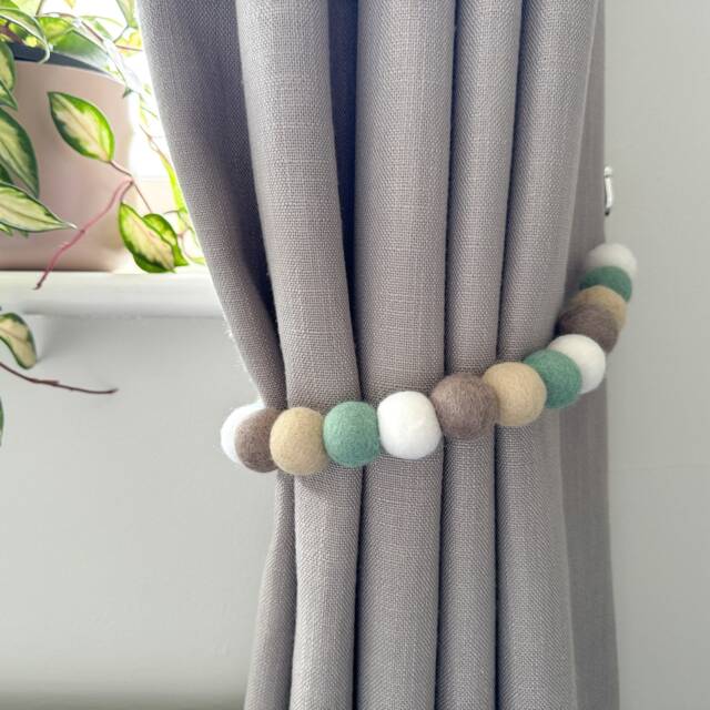 Mint & Taupe Felt Ball Curtain Tie Backs - Pom Hold Custom Ties Nursery Decor Baby Gift Colourful Pull - image 1