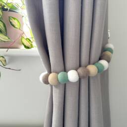 Mint & Taupe Felt Ball Curtain Tie Backs - Pom Hold Custom Ties Nursery Decor Baby Gift Colourful Pull