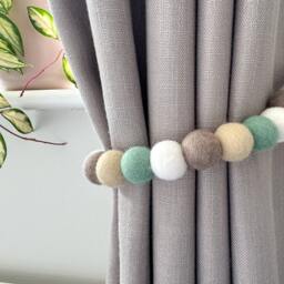 Mint & Taupe Felt Ball Curtain Tie Backs - Pom Hold Custom Ties Nursery Decor Baby Gift Colourful Pull - thumbnail 2