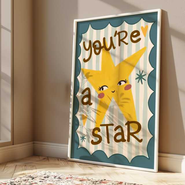 You're A Star, Wall Art, Colourful Inspirational Quote Print, Bright Children's Bedroom Decor, Shine Bright, Nursery, Playroom Art - image 1