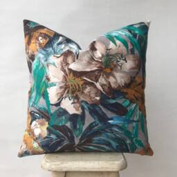 Floral Decorative Throw Pillow Cover , Teal Taupe & Mustard Chinoiserie Cushion Case Cotton Velvet Modern Vintage