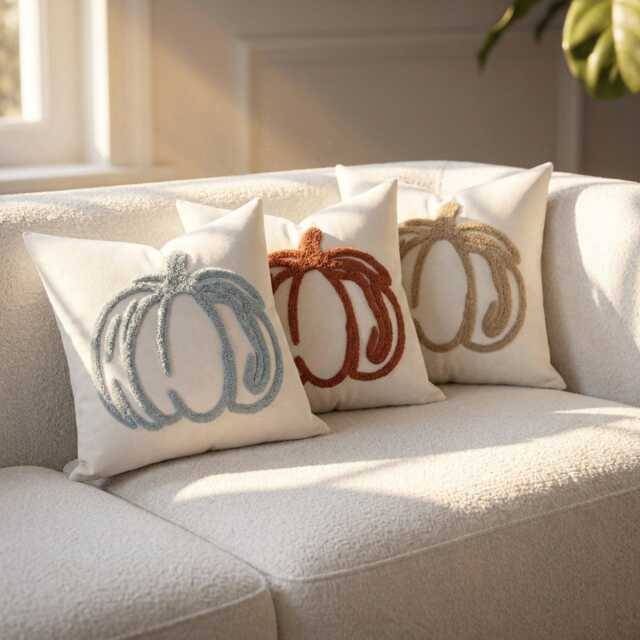 Pumpkin Tufted Pillow Cover, Punch Needle Fall Cushion, Minimalist Autumn Farmhouse Decor, Thanksgiving Accent, Cozy Seasonal Gift - image 1
