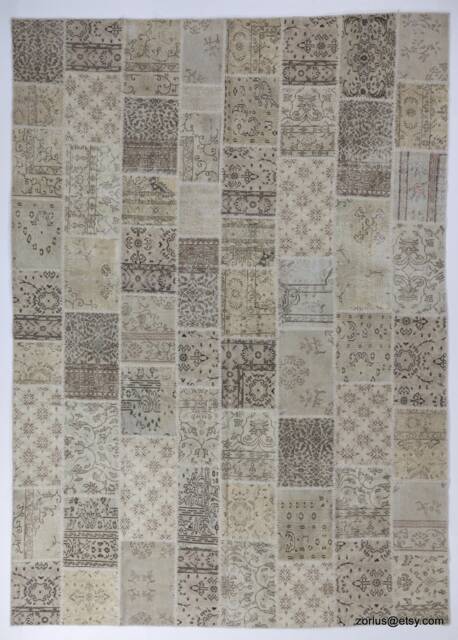 Handmade Turkish Patchwork Rug Beige Wool Area Rug - image 1