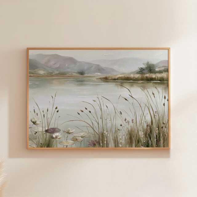 Neutral Lake Landscape Poster, Botanical Wall Art, Paper Print - image 1