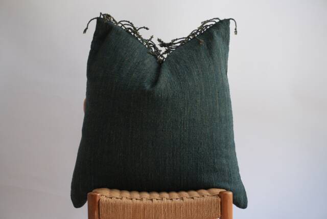 "Handwoven Dark Green Hemp Pillow Cover Karen Tribal Design - 26"" X 26" - image 1