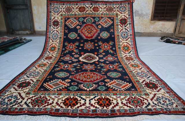 6x8 Ft Navy Blue Ekash Luxury Area Rug, Afghan Medallion Kazak Geometric Rug, Hand Knotted Home Decorative Rug - image 1