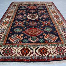 6x8 Ft Navy Blue Ekash Luxury Area Rug, Afghan Medallion Kazak Geometric Rug, Hand Knotted Home Decorative Rug - thumbnail 2