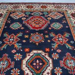 6x8 Ft Navy Blue Ekash Luxury Area Rug, Afghan Medallion Kazak Geometric Rug, Hand Knotted Home Decorative Rug - thumbnail 3