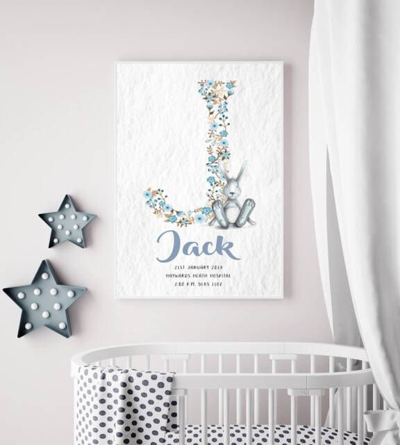 Personalised Nursery Print, Monogram Floral Initial Letter Wall Art, Pink Name Christening Gift - image 1