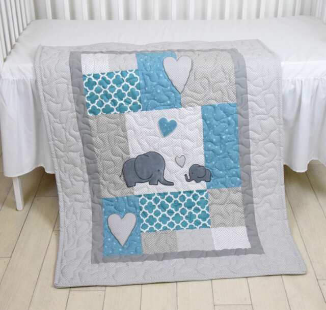 Elephant Baby Blanket, Teal Gray Quilt, Crib Bedding, Grey Safari Nursery - image 1